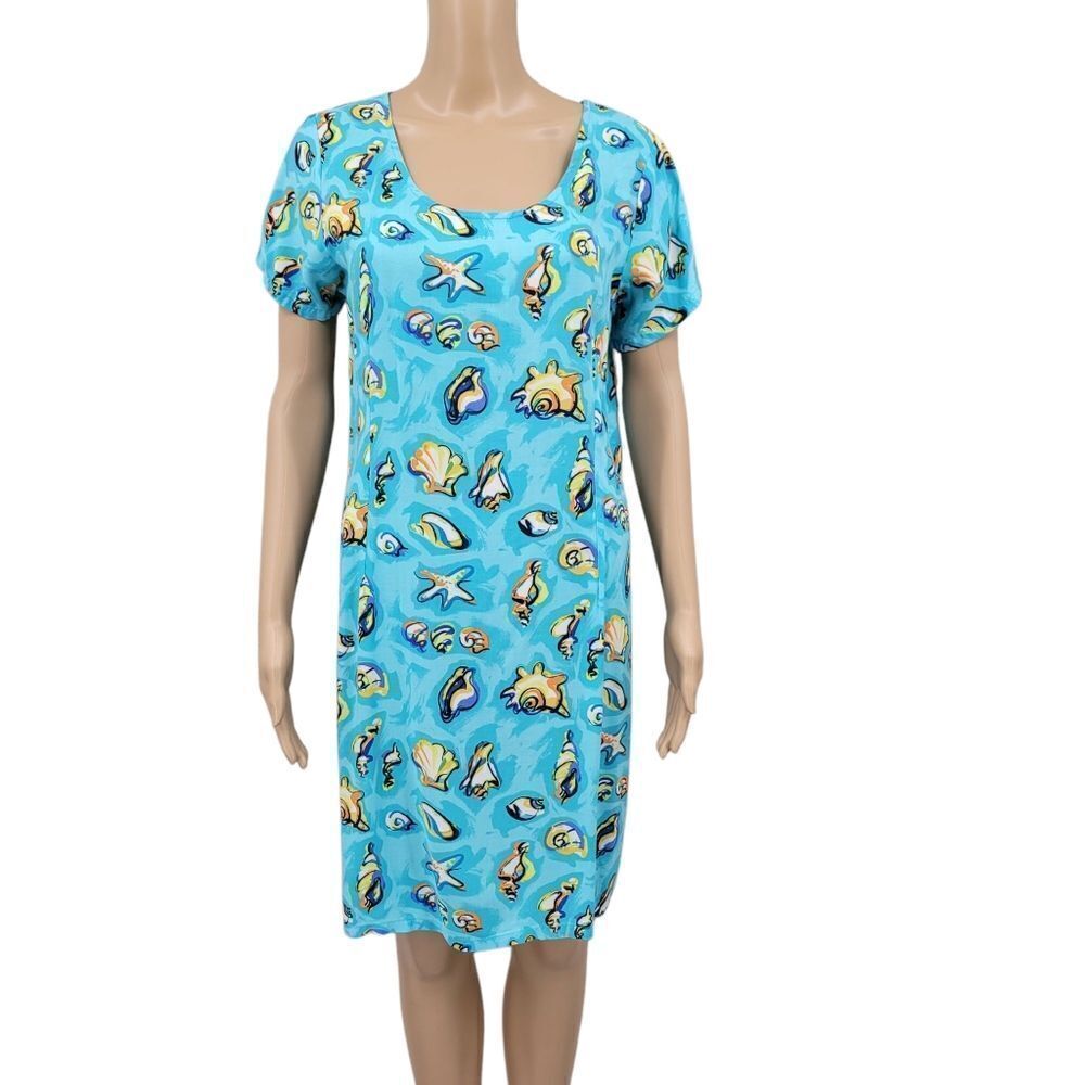 Weekend Clothes Line Blue Seashell Print Lightweight Tropical Midi Dress